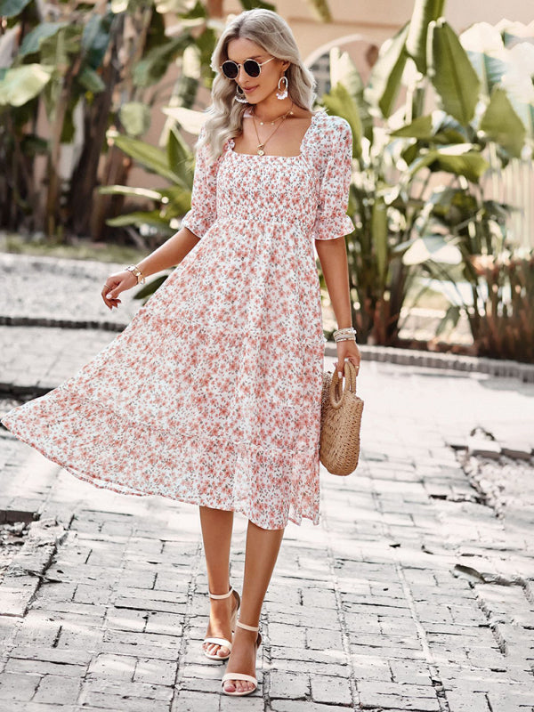 Floral Dresses- Floral Square Neck Dress: Elasticized Sleeves, Ruffle Accents- - Pekosa Women Clothing