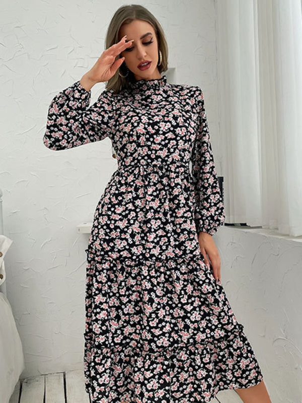 Floral Dresses- Floral Stand Collar Tiered Ruffle Midi Dress with Long Sleeves- - IndioGear Clothing and Gear