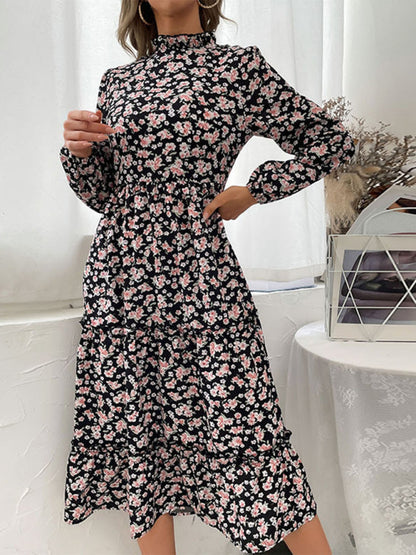 Floral Dresses- Floral Stand Collar Tiered Ruffle Midi Dress with Long Sleeves- - IndioGear Clothing and Gear