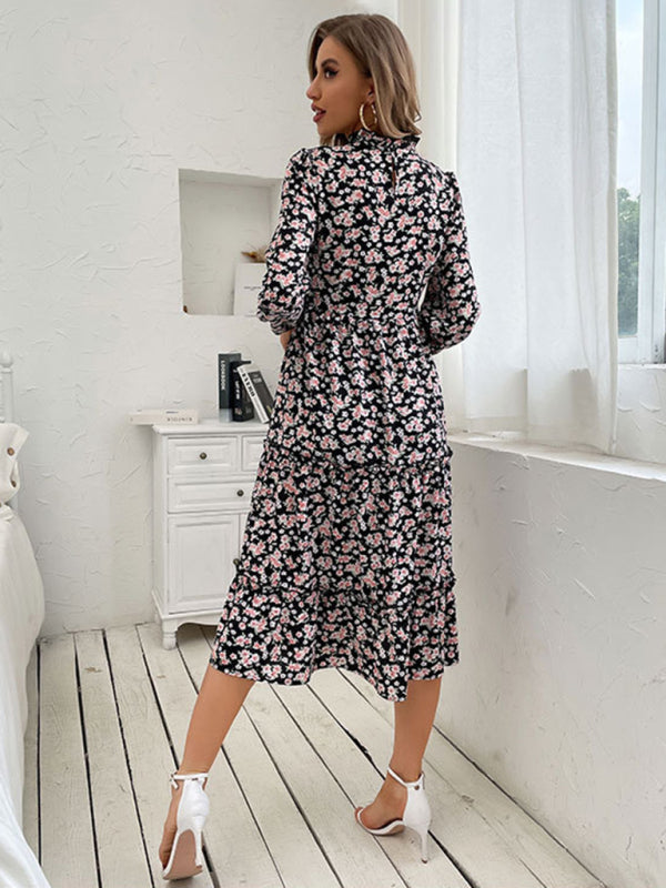 Floral Dresses- Floral Stand Collar Tiered Ruffle Midi Dress with Long Sleeves- - IndioGear Clothing and Gear