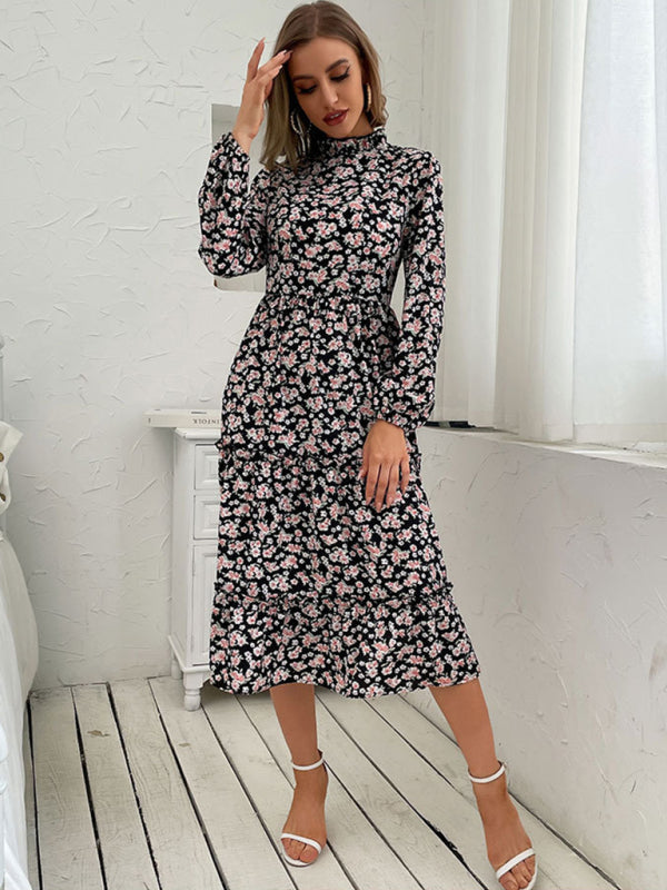 Floral Dresses- Floral Stand Collar Tiered Ruffle Midi Dress with Long Sleeves- Pink- IndioGear Clothing and Gear