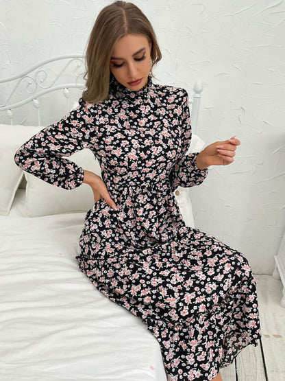 Floral Dresses- Floral Stand Collar Tiered Ruffle Midi Dress with Long Sleeves- - IndioGear Clothing and Gear