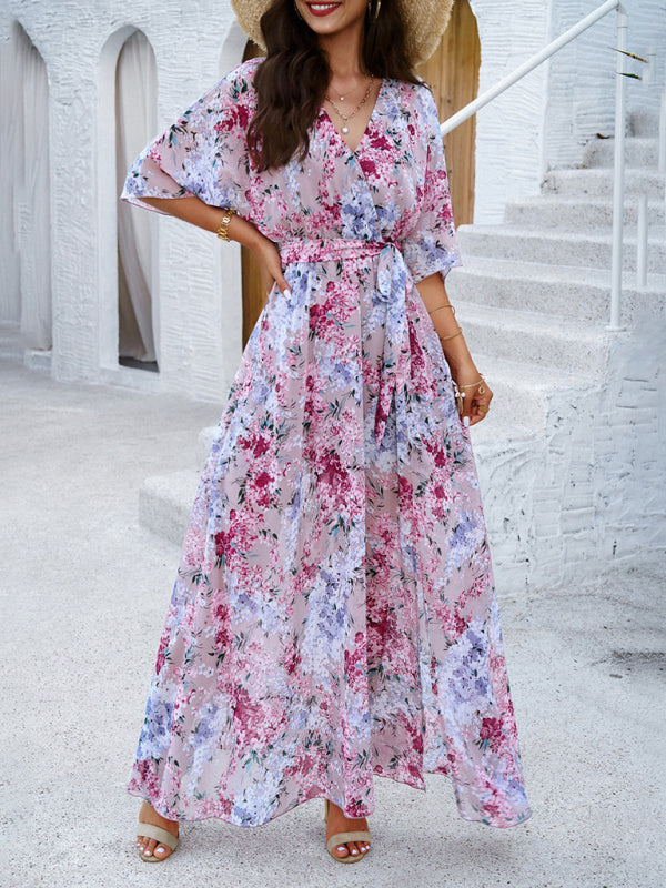 Floral Dresses- Floral Surplice Maxi Dress with Slit & Belt- Pink- IndioGear Fashion and Gear