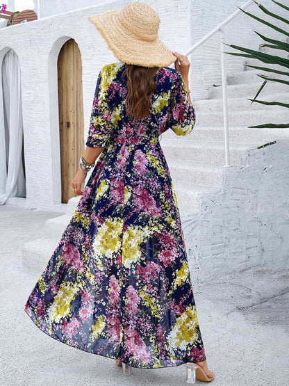 Floral Dresses- Floral Surplice Maxi Dress with Slit & Belt- - IndioGear Fashion and Gear