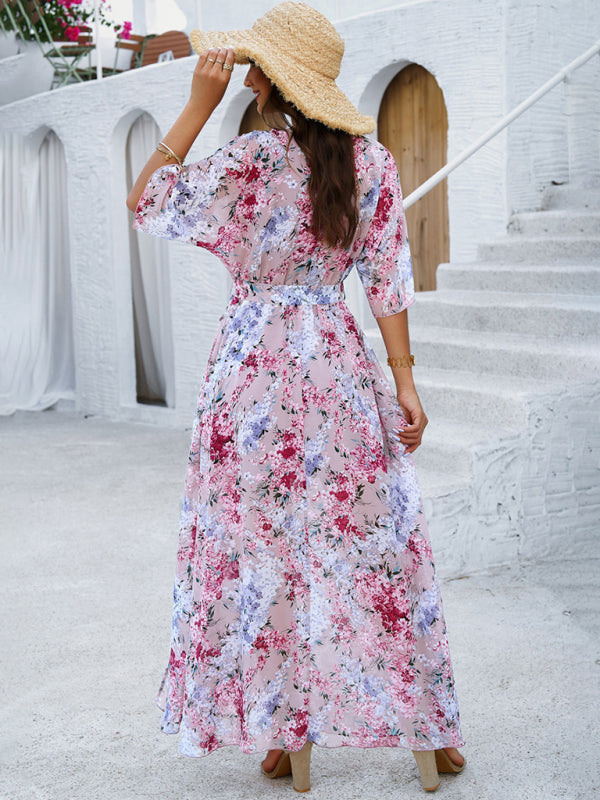 Floral Dresses- Floral Surplice Maxi Dress with Slit & Belt- - IndioGear Fashion and Gear