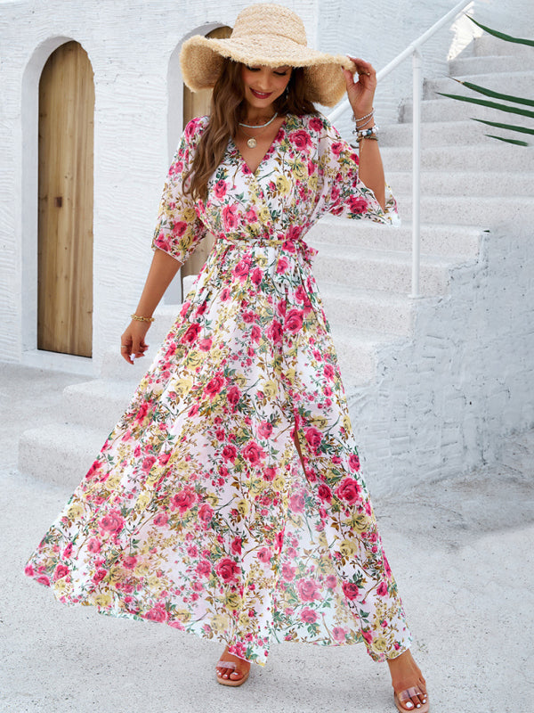 Floral Dresses- Floral Surplice Maxi Dress with Slit & Belt- - IndioGear Fashion and Gear