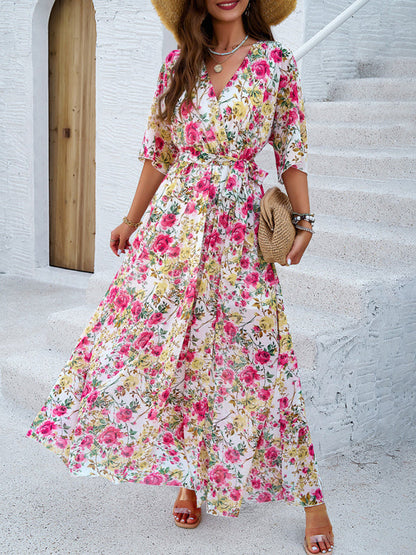 Floral Dresses- Floral Surplice Maxi Dress with Slit & Belt- - IndioGear Fashion and Gear