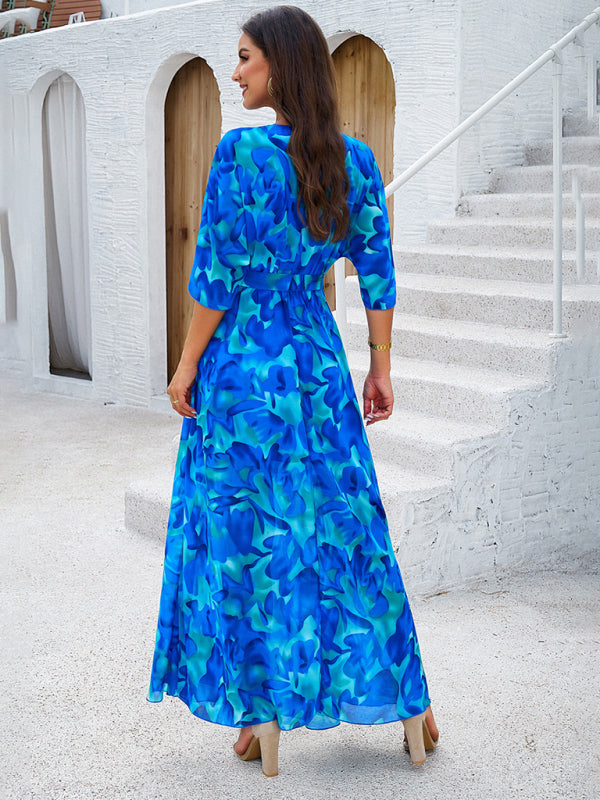 Floral Dresses- Floral Surplice Maxi Dress with Slit & Belt- - IndioGear Fashion and Gear