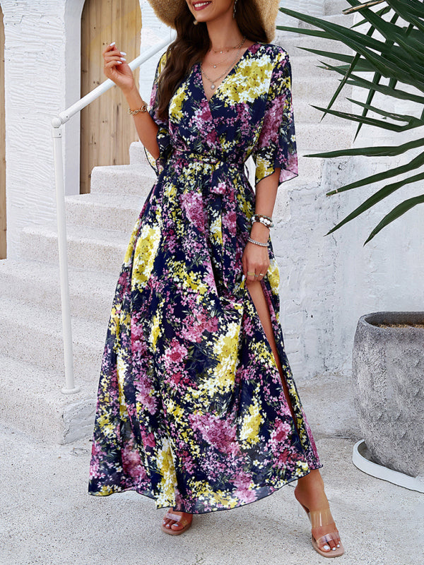 Floral Dresses- Floral Surplice Maxi Dress with Slit & Belt- - IndioGear Fashion and Gear