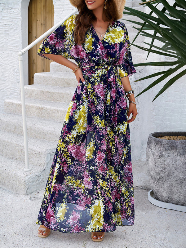 Floral Dresses- Floral Surplice Maxi Dress with Slit & Belt- - IndioGear Fashion and Gear