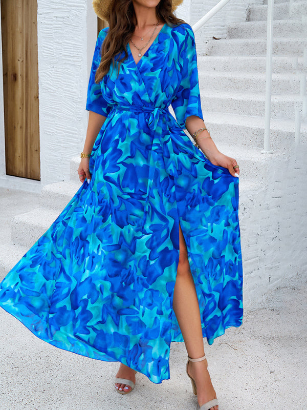 Floral Dresses- Floral Surplice Maxi Dress with Slit & Belt- Blue- IndioGear Fashion and Gear