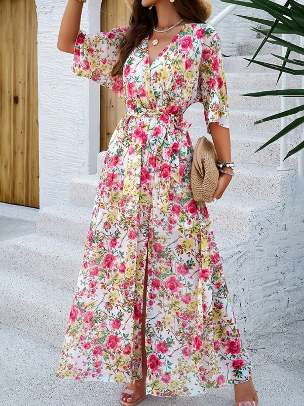 Floral Dresses- Floral Surplice Maxi Dress with Slit & Belt- White- IndioGear Fashion and Gear