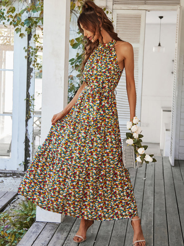 Floral Dresses- Floral Tiered Halter Tank Dress: Ditsy Print, Mid Calf Length- - Pekosa Women Clothing