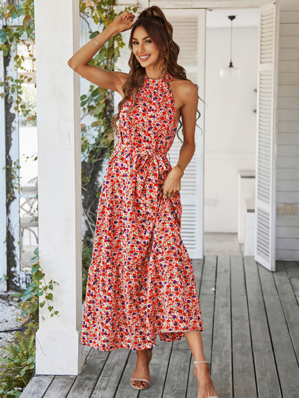 Floral Dresses- Floral Tiered Halter Tank Dress: Ditsy Print, Mid Calf Length- - Pekosa Women Clothing