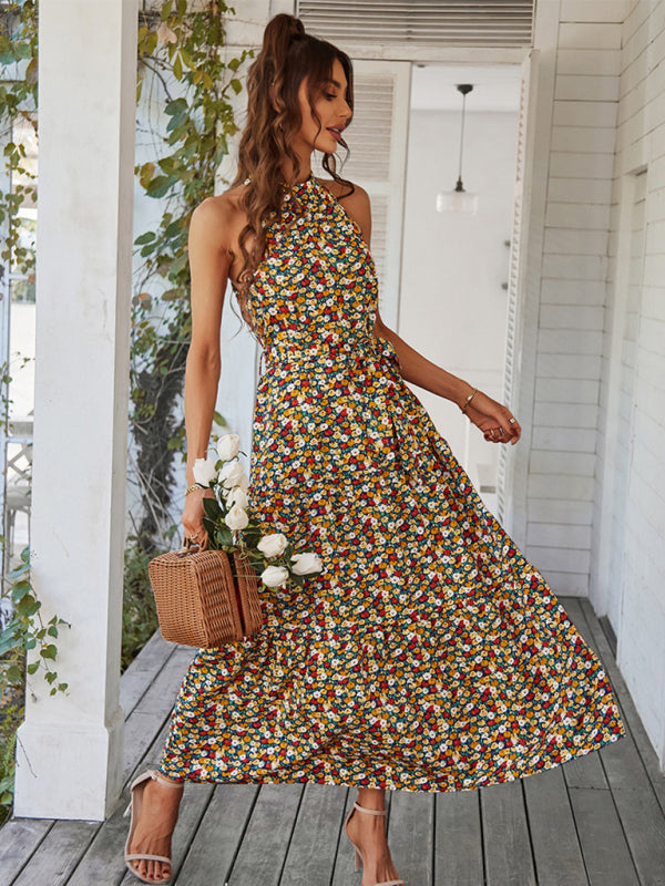 Floral Dresses- Floral Tiered Halter Tank Dress: Ditsy Print, Mid Calf Length- - Pekosa Women Clothing