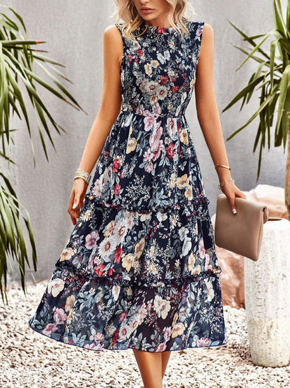 Floral Dresses- Floral Tiered Midi Dress: Smocked Bodice, Ruffle Accents- - Pekosa Women Clothing