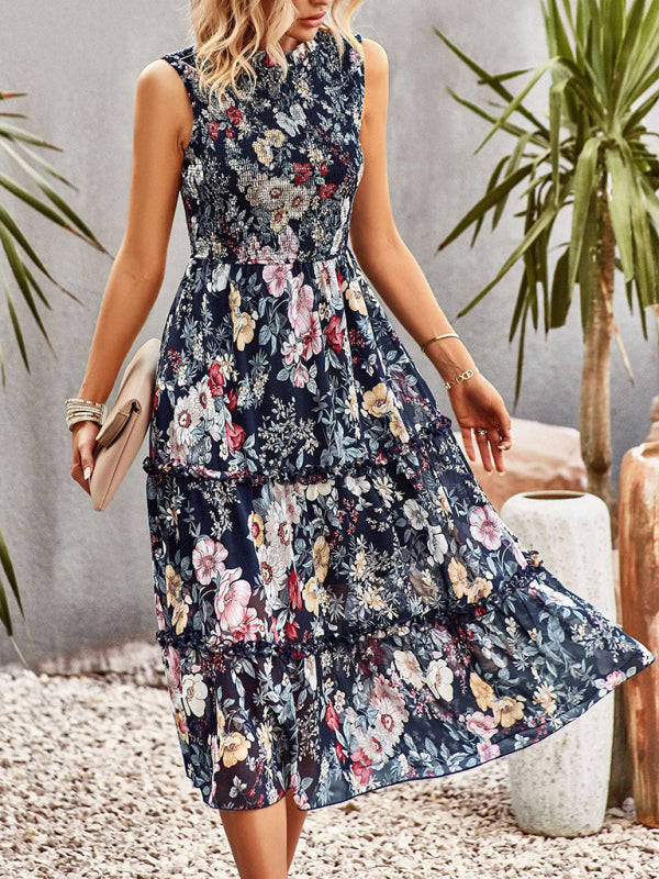 Floral Dresses- Floral Tiered Midi Dress: Smocked Bodice, Ruffle Accents- - Pekosa Women Clothing