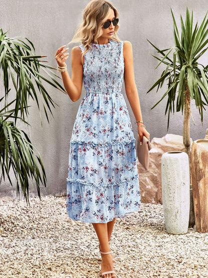 Floral Dresses- Floral Tiered Midi Dress: Smocked Bodice, Ruffle Accents- - Pekosa Women Clothing