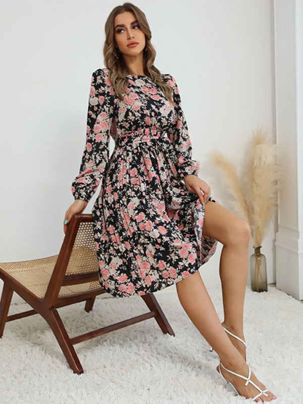 Floral Dresses- Flower Midi Dress with Long Sleeves and Waist Tie- - IndioGear Clothing and Gear