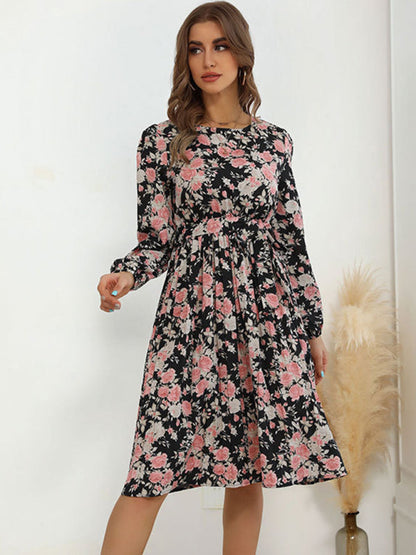 Floral Dresses- Flower Midi Dress with Long Sleeves and Waist Tie- Pink Floral- IndioGear Clothing and Gear