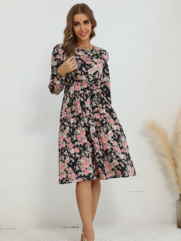 Floral Dresses- Flower Midi Dress with Long Sleeves and Waist Tie- - IndioGear Clothing and Gear