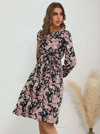 Floral Dresses- Flower Midi Dress with Long Sleeves and Waist Tie- - IndioGear Clothing and Gear