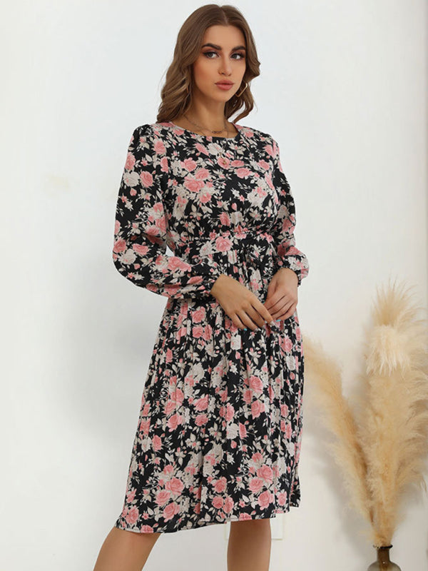 Floral Dresses- Flower Midi Dress with Long Sleeves and Waist Tie- - IndioGear Clothing and Gear