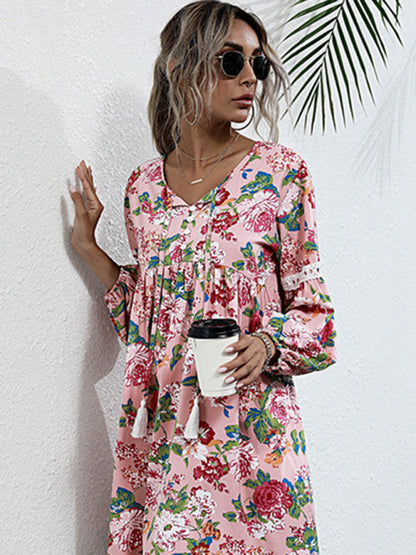 Floral Dresses- Long Sleeve Floral Print Tunic Dress- Pink- IndioGear Clothing and Gear