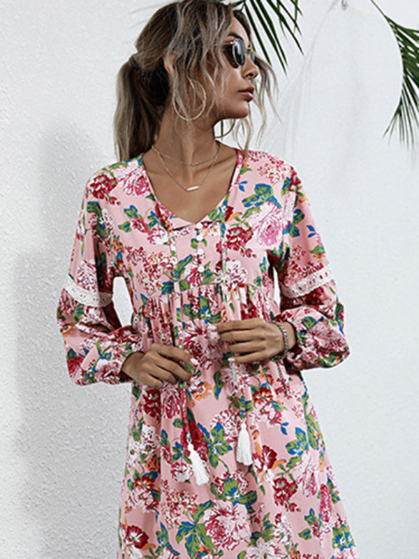 Floral Dresses- Long Sleeve Floral Print Tunic Dress- - IndioGear Clothing and Gear