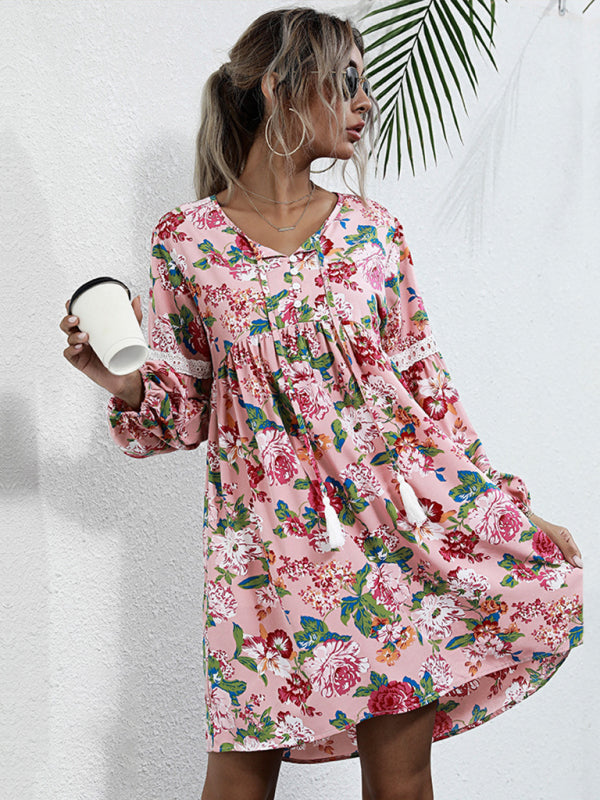 Floral Dresses- Long Sleeve Floral Print Tunic Dress- - IndioGear Clothing and Gear