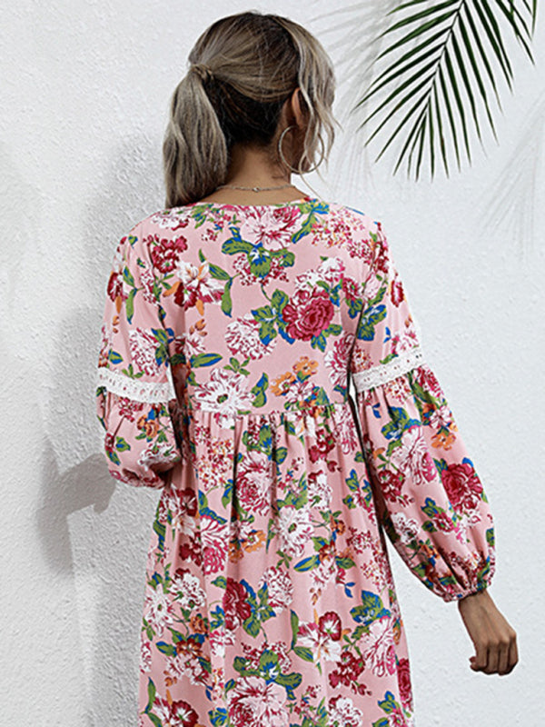 Floral Dresses- Long Sleeve Floral Print Tunic Dress- - IndioGear Clothing and Gear