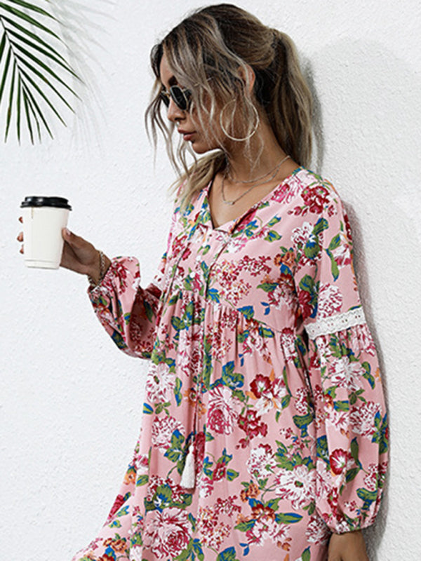 Floral Dresses- Long Sleeve Floral Print Tunic Dress- - IndioGear Clothing and Gear