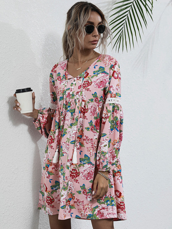 Floral Dresses- Long Sleeve Floral Print Tunic Dress- - IndioGear Clothing and Gear