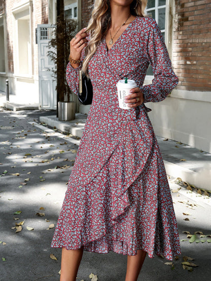 Floral Dresses- Long-Sleeve Floral Wrap Midi Dress- - IndioGear Clothing and Gear