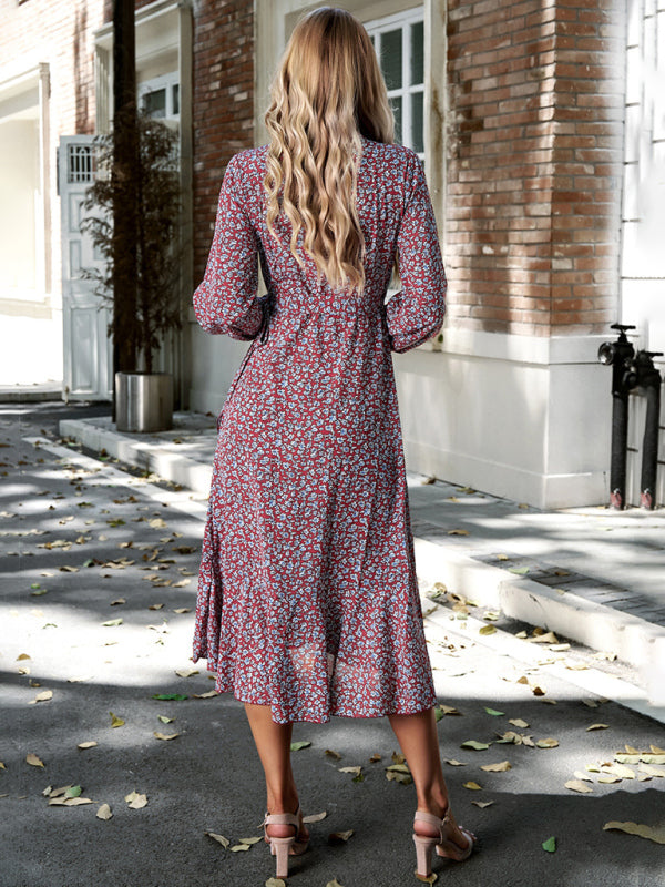 Floral Dresses- Long-Sleeve Floral Wrap Midi Dress- - IndioGear Clothing and Gear