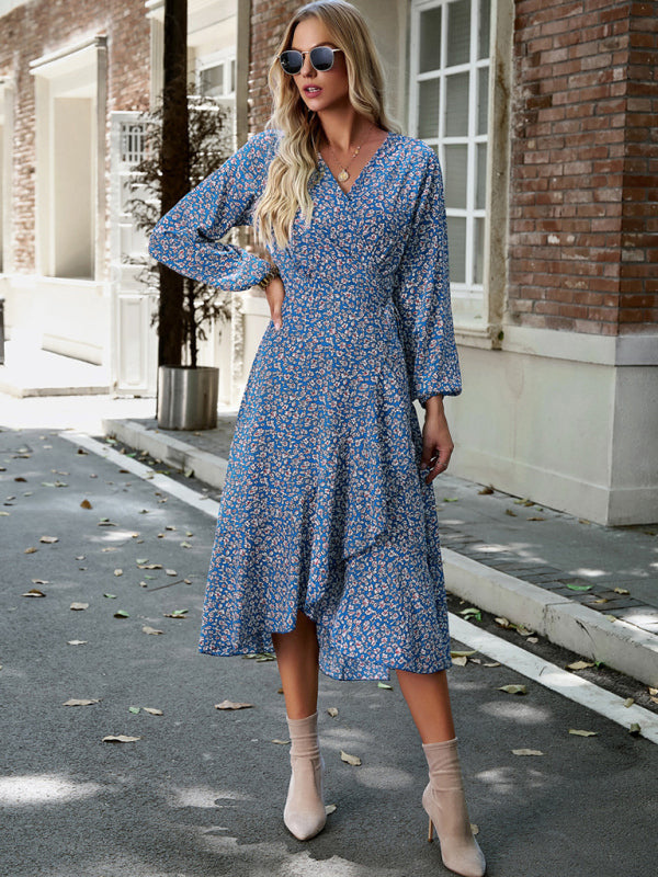 Floral Dresses- Long-Sleeve Floral Wrap Midi Dress- - IndioGear Clothing and Gear