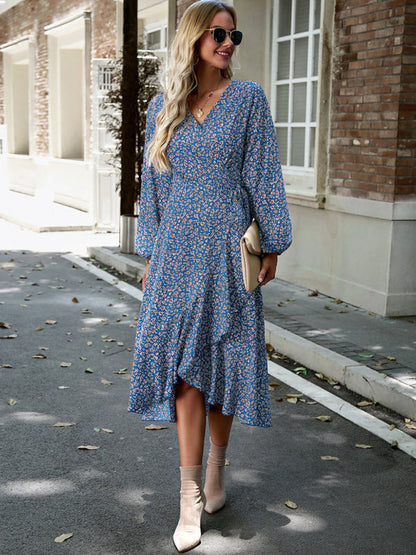 Floral Dresses- Long-Sleeve Floral Wrap Midi Dress- - IndioGear Clothing and Gear