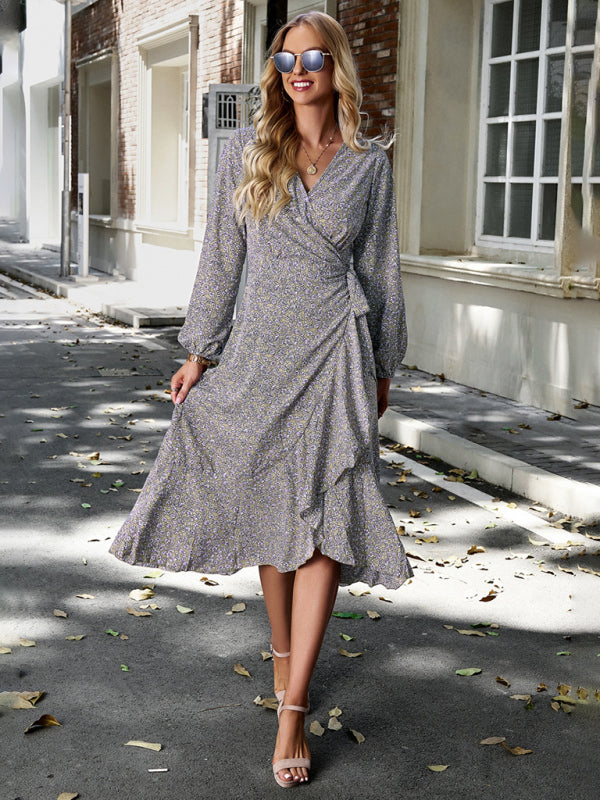 Floral Dresses- Long-Sleeve Floral Wrap Midi Dress- - IndioGear Clothing and Gear