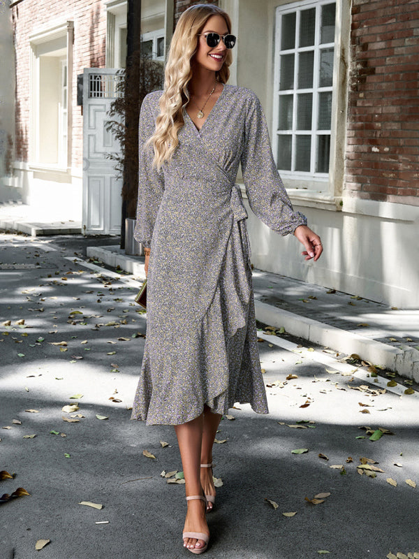 Floral Dresses- Long-Sleeve Floral Wrap Midi Dress- - IndioGear Clothing and Gear