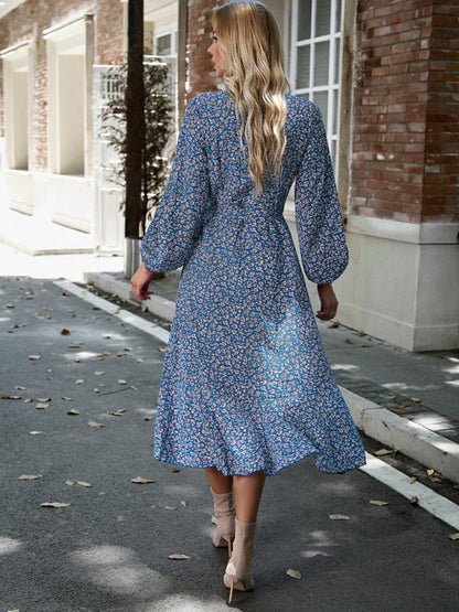 Floral Dresses- Long-Sleeve Floral Wrap Midi Dress- - IndioGear Clothing and Gear