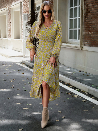 Floral Dresses- Long-Sleeve Floral Wrap Midi Dress- - IndioGear Clothing and Gear