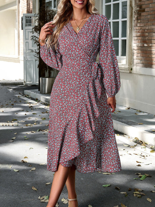 Floral Dresses- Long-Sleeve Floral Wrap Midi Dress- Red- IndioGear Clothing and Gear