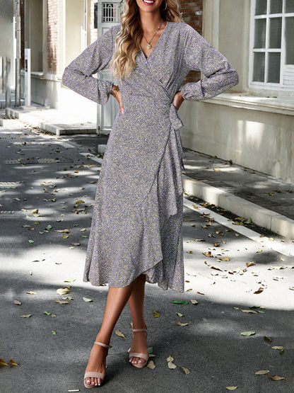 Floral Dresses- Long-Sleeve Floral Wrap Midi Dress- Khaki- IndioGear Clothing and Gear