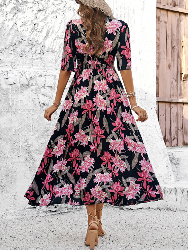 Floral Dresses- Nature's Floral Print V-Neck Midi Dress for Garden Affairs- - IndioGear Fashion and Gear