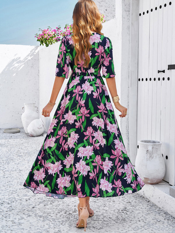 Floral Dresses- Nature's Floral Print V-Neck Midi Dress for Garden Affairs- - IndioGear Fashion and Gear