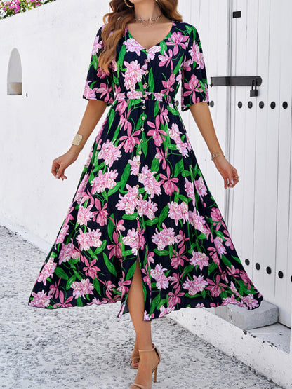 Floral Dresses- Nature's Floral Print V-Neck Midi Dress for Garden Affairs- - IndioGear Fashion and Gear