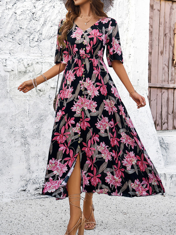 Floral Dresses- Nature's Floral Print V-Neck Midi Dress for Garden Affairs- - IndioGear Fashion and Gear