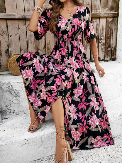 Floral Dresses- Nature's Floral Print V-Neck Midi Dress for Garden Affairs- - IndioGear Fashion and Gear