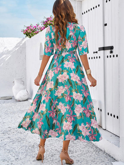 Floral Dresses- Nature's Floral Print V-Neck Midi Dress for Garden Affairs- - IndioGear Fashion and Gear