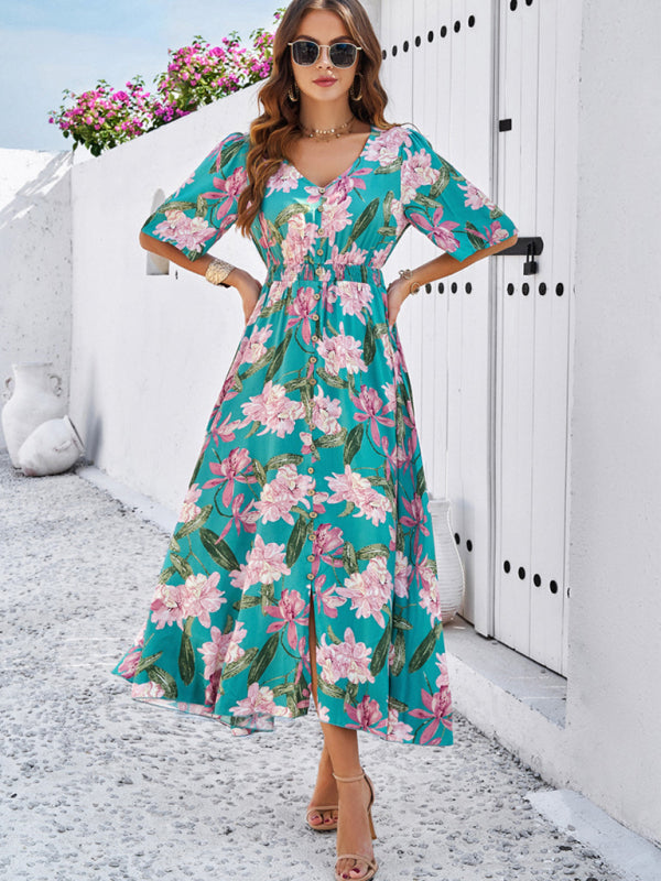 Floral Dresses- Nature's Floral Print V-Neck Midi Dress for Garden Affairs- - IndioGear Fashion and Gear